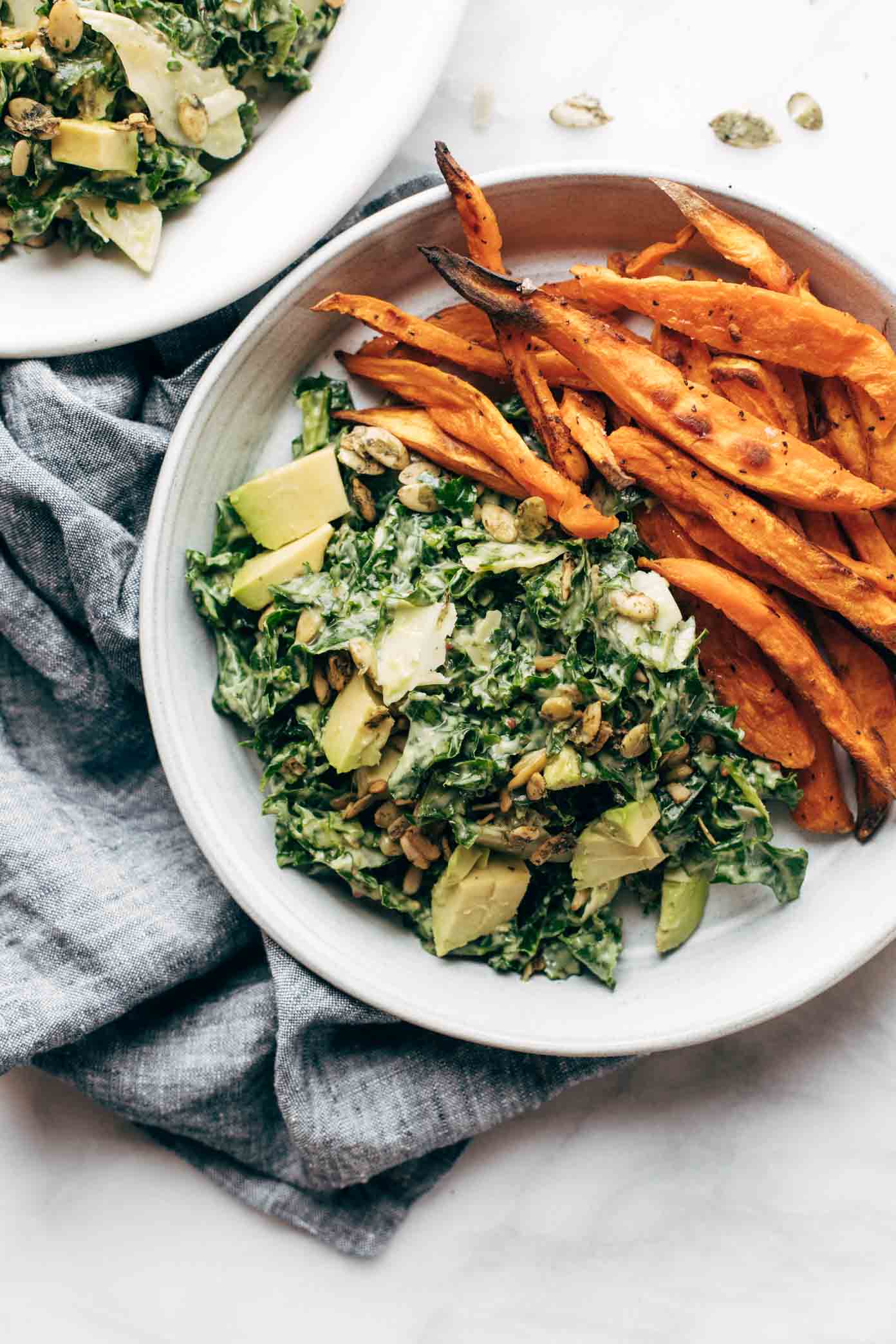 Avocado Kale Caesar Salad + Sweet Potato Fries